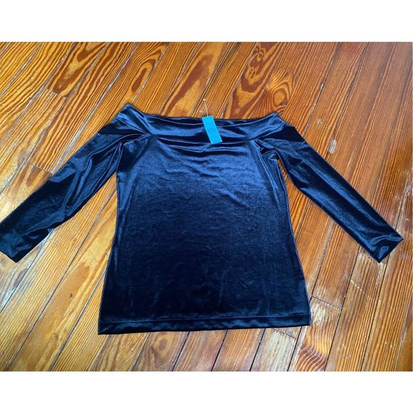 Ann Taylor NWT BLACK* Velvet Off Shoulder Top Blouse, Size Medium P, MSRP $55 - Picture 2 of 9